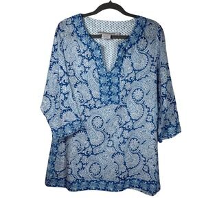 Gretchen Scott Paisley Tunic Top Blue White L Boho Resortwear Coastal Vacation
